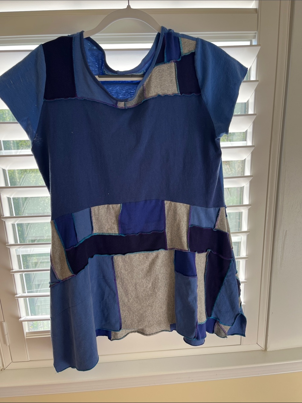 Patchwork Blue Short-Sleeve Tunic Top